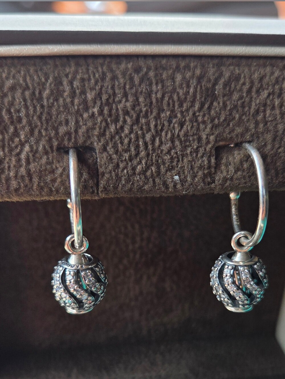 Pandora Winter Wisp Charm Earrings On A Small Smooth 1/2" Hoop Drop Earrings